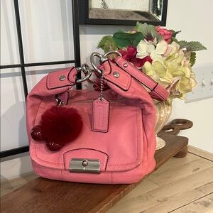 Coach Pink Leather Shoulder Bag with Pom Charm